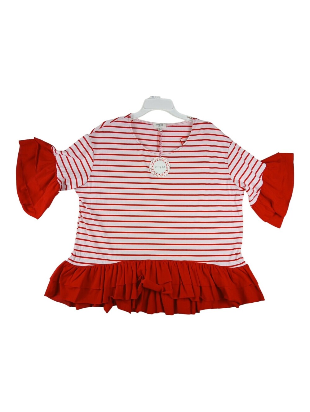 Umgee Red White Striped Ruffle Bell Sleeve Top Size Small NWT